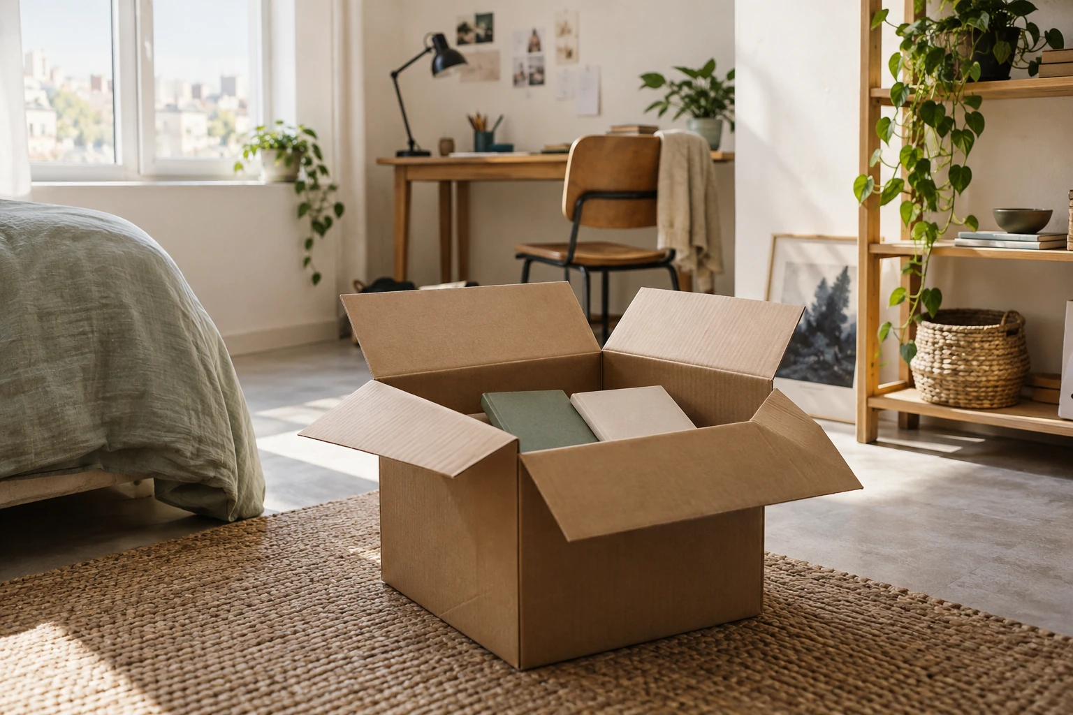 Carton ouvert avec livres dans chambre d'étudiant lumineuse, bureau et lit visibles