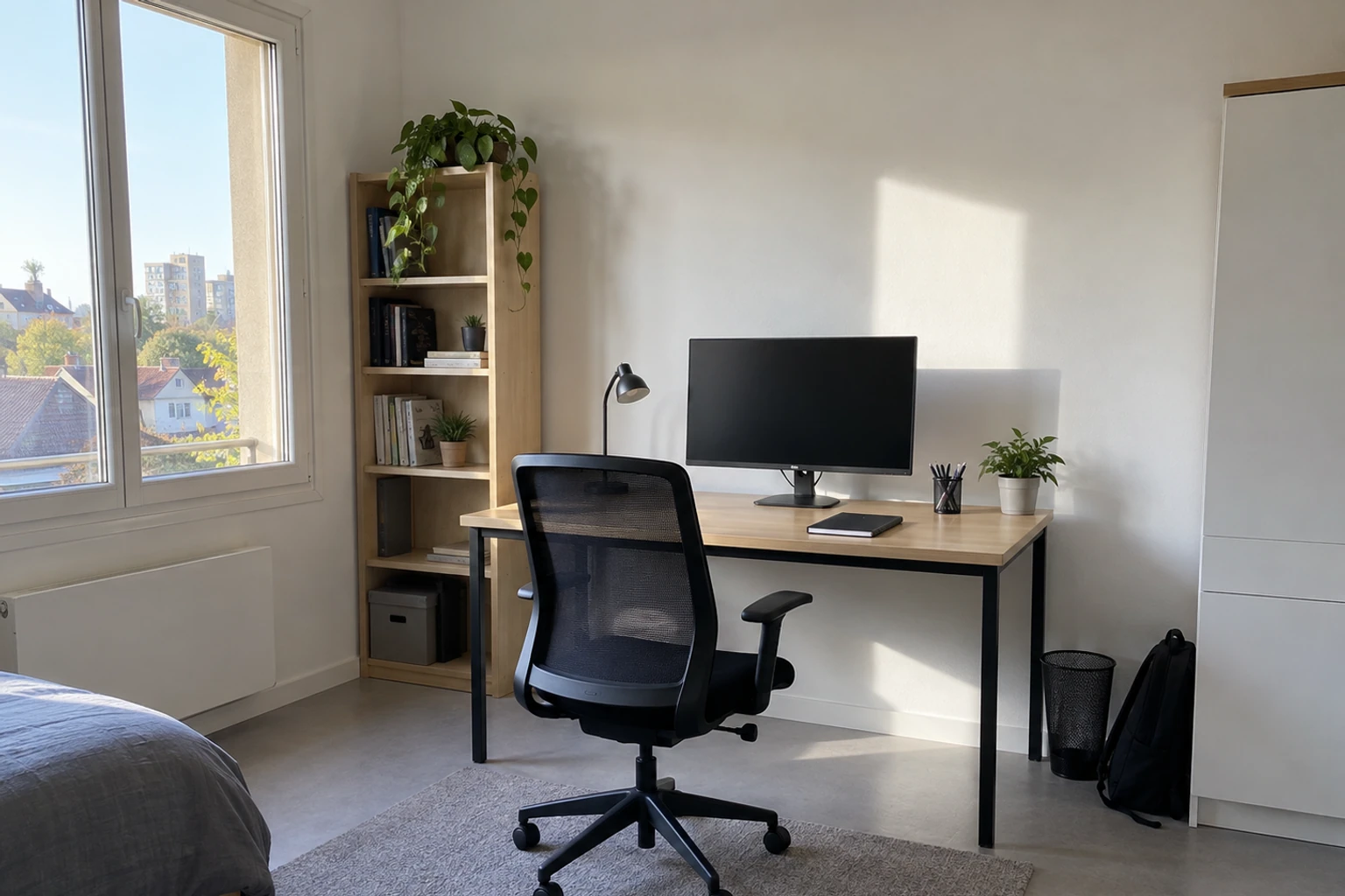 Bureau épuré près d'une fenêtre avec écran, chaise ergonomique et étagère végétalisée