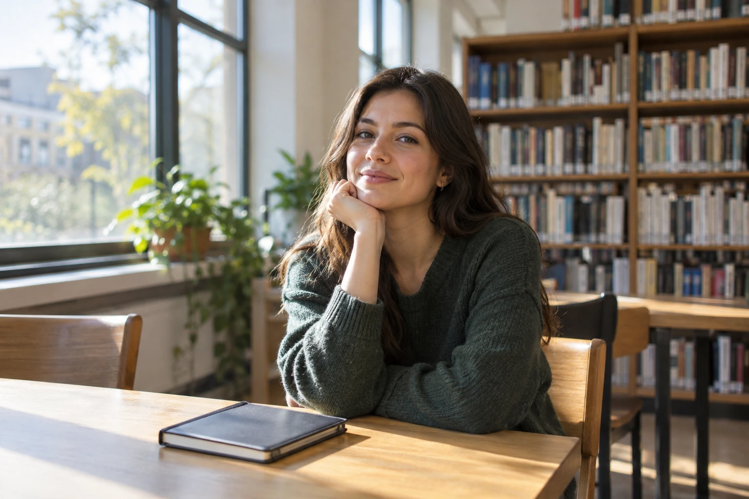 Jeune femme souriante assise à une table de bibliothèque, tablette devant elle