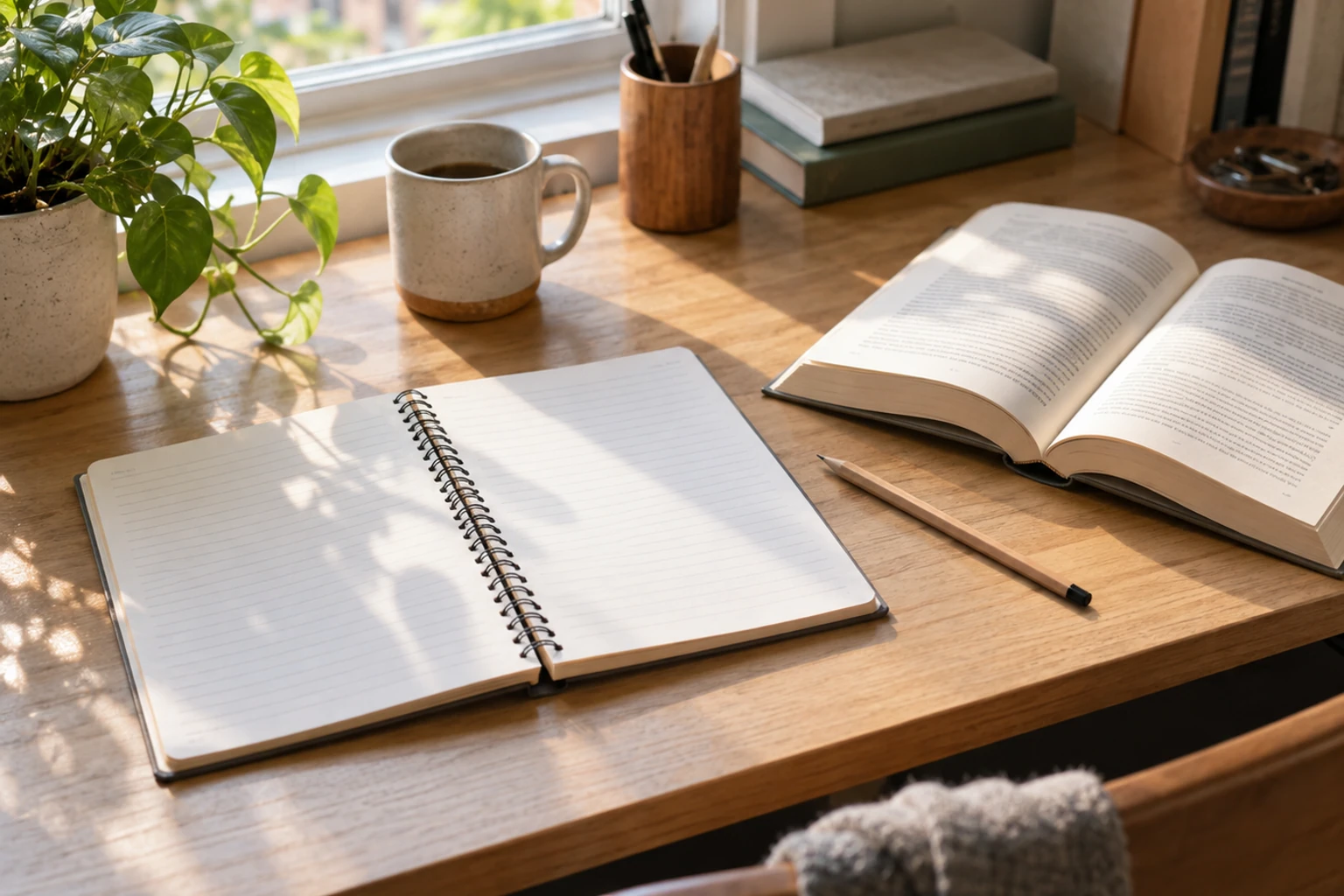 Bureau ensoleillé avec carnet ouvert, crayon, livre ouvert et tasse près de la fenêtre