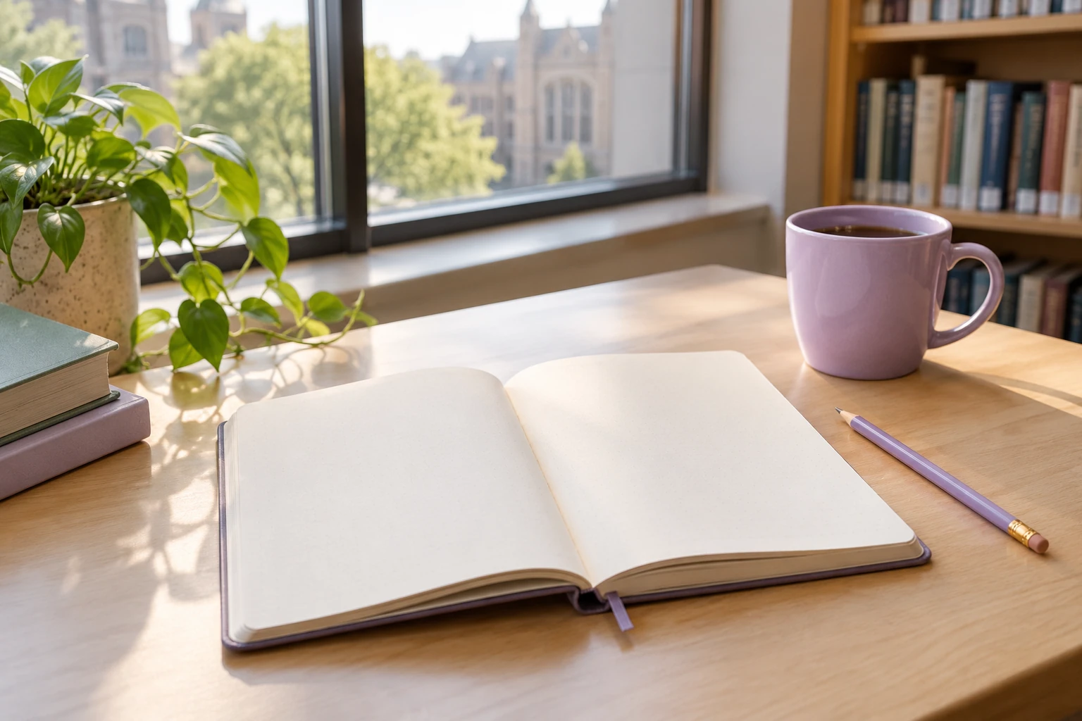 Cahier ouvert vierge sur bureau près d'une fenêtre, tasse et crayon violet