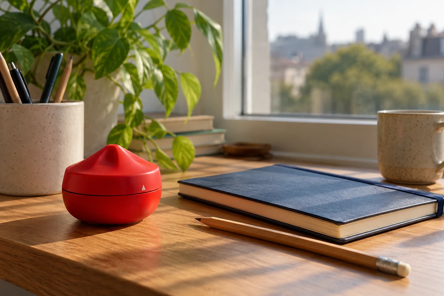 Minuteur rouge en forme de tomate, carnet bleu, crayon et tasse près de fenêtre